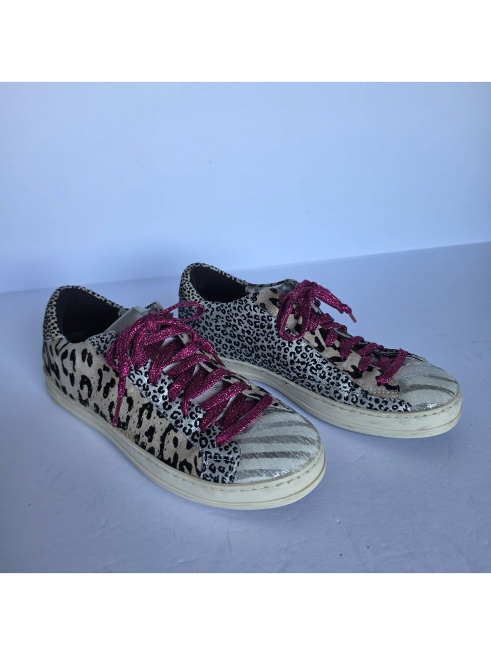 P448 Animal Print Fur Pony Hair Sneakers Metallic Pink Laces Made in Italy Sz 8